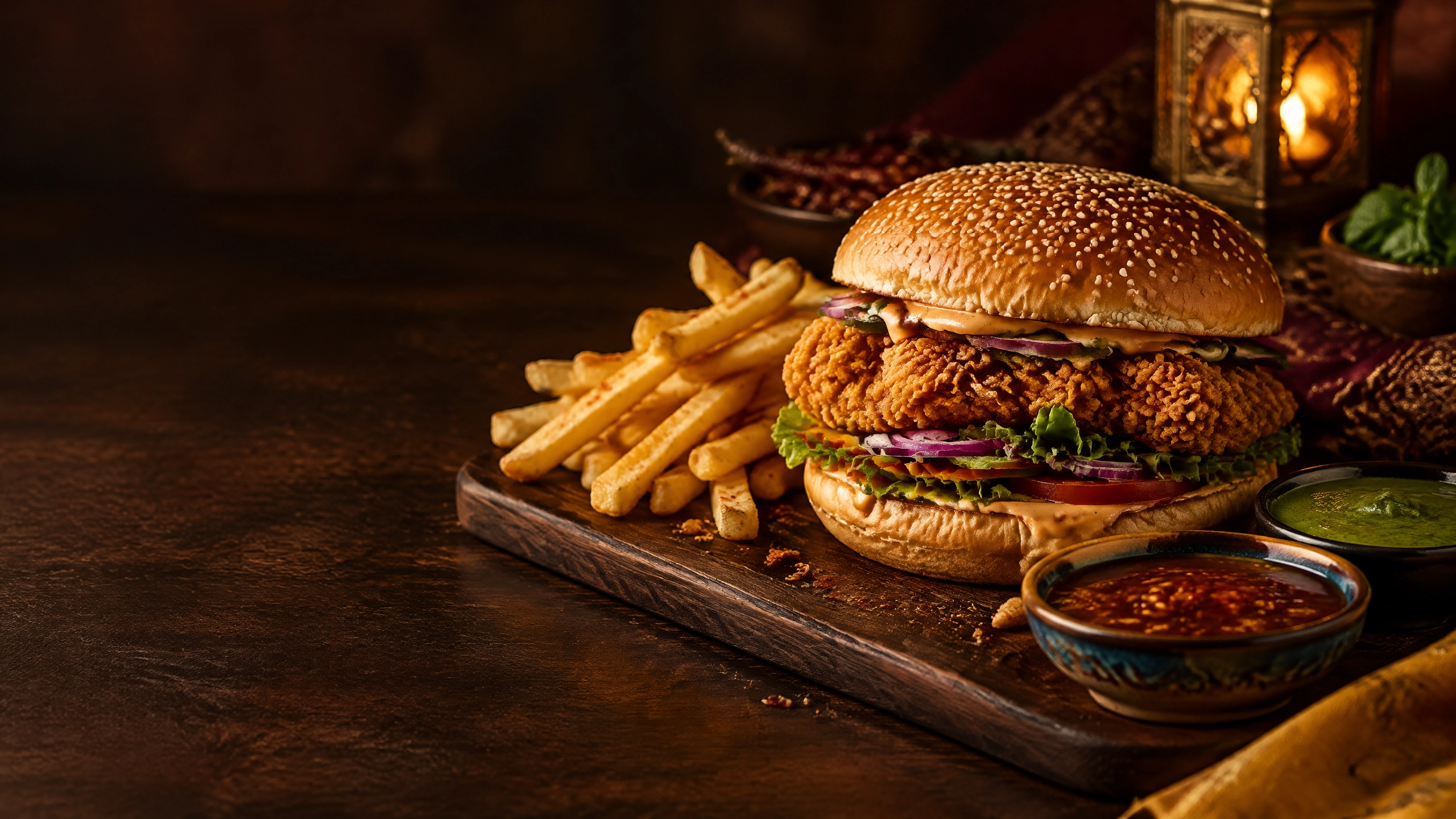 Crispy chicken burger and fries at SK Restaurant