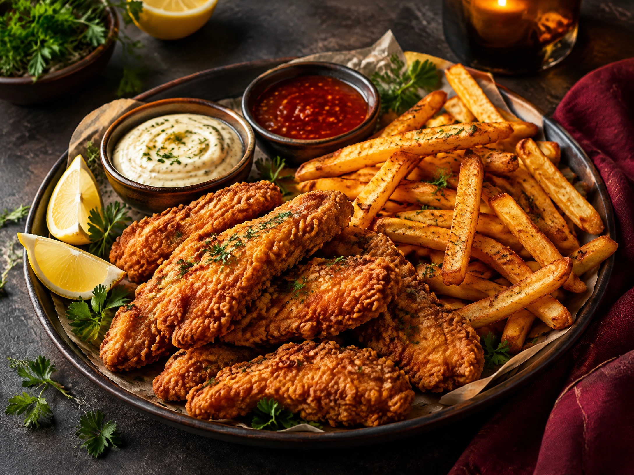 Crispy chicken platter with fries and sauces